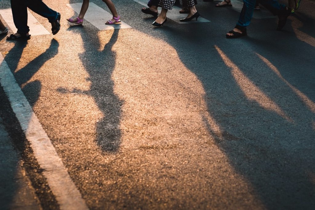 Rancho Cucamonga pedestrian crosswalk. Accidents increase with shadows during low light conditions.